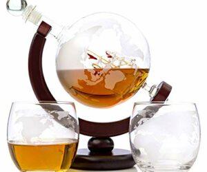 Whiskey Globe Decanter Set Etched World Globe Decanter for Liquor, Bourbon, Vodka with 2 Glasses in Premium Gift-Box – Home Bar Accessories for Men – Perfect for All Kinds of Alcohol Drinks