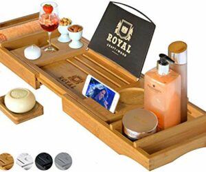 ROYAL CRAFT WOOD Luxury Bathtub Caddy Tray, One or Two Person Bath and Bed Tray, Bonus Free Soap Holder (Natural Bamboo Color)