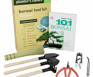 Premium Bonsai Tool Kit + Bonsai 101 Book – Set Includes: Wooden Rake, Long & Wide Spades, Scissors, Tweezers, Bamboo Brush, & Pruning Shears (Trimmer/Clipper) in Fabric Storage Holder – Bonsai Tools