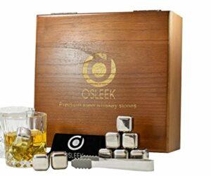 Whiskey Stones – Gift Set of 8 Stainless Steel Chilling Rocks, 2 Large Glasses, Tong, Velvet Freezing Bag And Luxury Wood Handmade Display Box | Osleek Business Class Edition