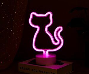 Pink Cat Neon Sign – Cat Shaped Led Night Light with Stand Base Battery Powered/USB for Aesthetic Indie Room Decor, Table Decor for Kids Room,Bedroom Patio, Party, Novelty Lighting