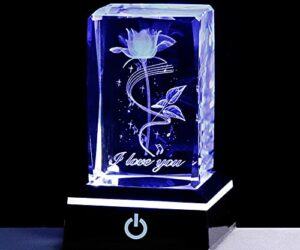 3D Laser Crystal Rose Flower,Engrave I Love You Crystal Gifts, Birthday Gifts for Girlfriend Romantic (3D-R-Black)