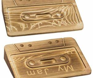 MyGift Wood Door Jam Novelty Door Wedge Stopper with Brown Burnt Retro Cassette Tape Design, Set of 2