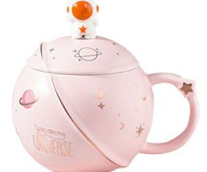 Hwagui – Cute Astronaut Mug With Lid And Spoon, Kawaii Cup Novelty Mug For Coffee, Tea And Milk, Mug Gift Pink 450ml/15oz