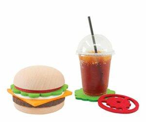 Beyond123 CP8082 Burger Set-a Creative Novelty with a Practical use-5 Coaster Pieces with Solid Wooden Rack Holder, Large, Multi