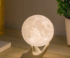Mydethun Moon Lamp, 3.5 Inch – 3D Printed Lunar Lamp – Moon Light – Night Lights for Kids Room, Women, Home Decor, Gifting – Ceramic Hand Base – Touch Control Brightness – White & Yellow