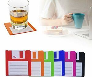 Floppy Silicone Disk Coasters，Durable, Heat-Resistant, Retro Writing Coasters,Novelty Floppy Disk Silicone Disk Drink Drink Coasters , Multicolored, Set of 6 (3.7″, Square , 1/8 “Thick)