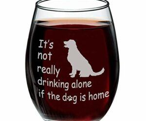 YouFangworkshop Cute Funny Stemless Wine Glass – It’s Not Really Drinking Alone If The Dog is Home 15 oz Novelty Glass Tumbler for Women, Men, Friends, Dog Lover Birthday Christmas