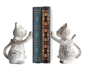 Cat Decorative Bookend – Heavy Duty Cast Iron Cat Bookend Support, Book Organizer Vintage Shelf Décor, Set 2 (White)