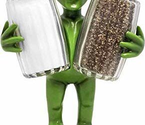 DWK – Celestial Spice – Alien on Space Ship Figurine Salt & Pepper Shaker Holder Extraterrestrial UFO Tabletop Display Novelty Home Kitchen Dining Décor Accent 3-Piece Set, 7.5-inch