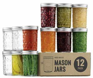 Paksh Novelty Mason Jars 8 oz – 12-Pack Quilted Wide Mouth Glass Jars with Lid & Seal Bands – Airtight Container for Pickling, Canning, Candles, Home Decor, Overnight Oats, Fruit Preserves, Jam or Jelly