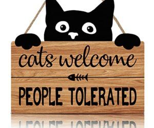 LHIUEM Funny Cat Welcome Sign, Cats Welcome People Tolerated Kitty Kitten Footprint Wooden Plaque, 10X11 inches Black Cat Decor, Funny Wooden Hanging Sign for Pet Shop Home Decor,Cat Lover Gifts