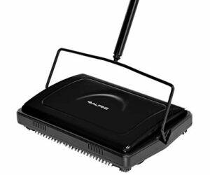 Alpine Industries Triple Brush Floor & Carpet Sweeper – Heavy Duty & Non Electric Multi-Surface Cleaner – Easy Manual Sweeping for Carpeted Floors – Black