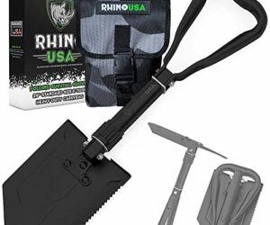 RHINO USA Folding Survival Shovel w/Pick – Heavy Duty Carbon Steel Military Style Entrenching Tool for Off Road, Camping, Gardening, Beach, Digging Dirt, Sand, Mud & Snow.